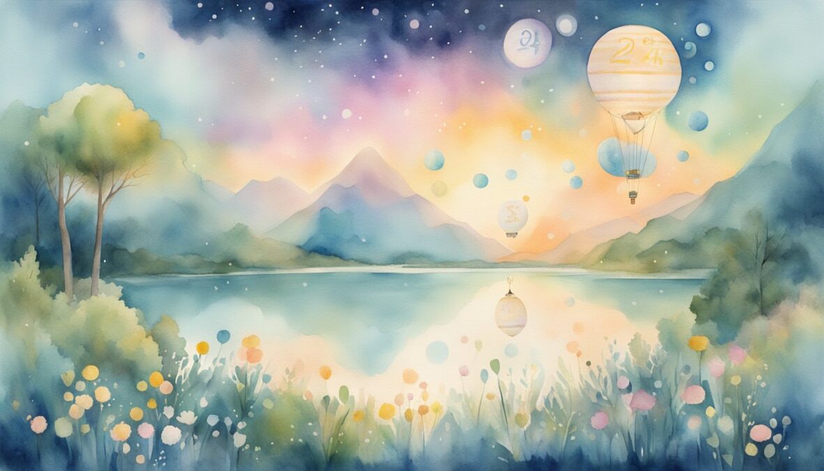 A glowing number 245 floats above a serene landscape, surrounded by celestial symbols and angelic figures