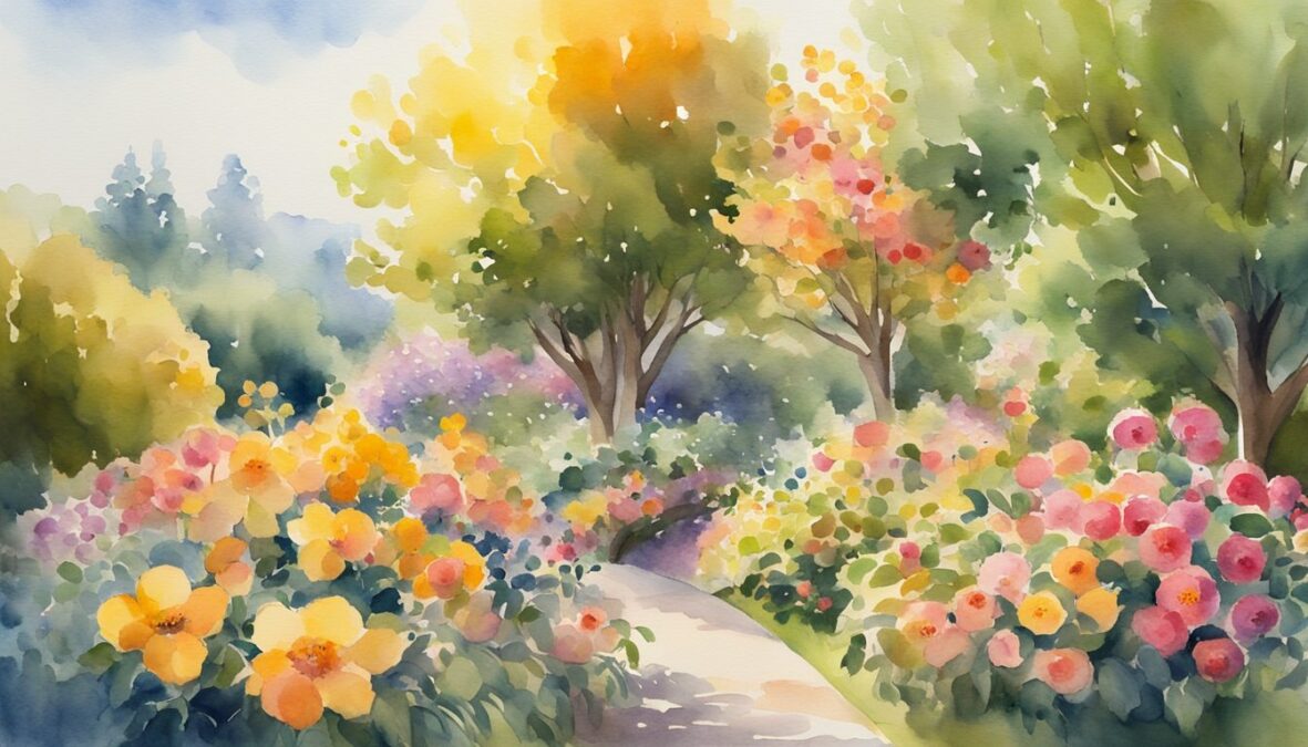 A garden blooms with vibrant flowers, while a tree bears plentiful fruit.</p></noscript><p>The sun shines brightly, casting a golden glow over the scene