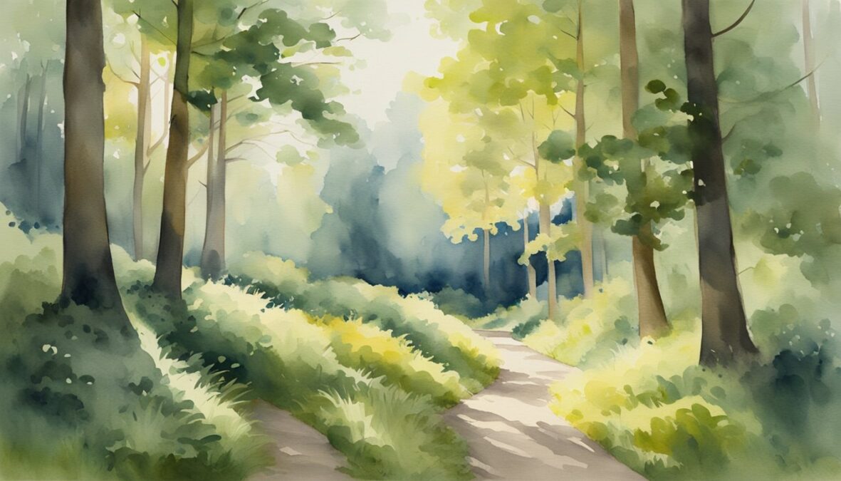 A serene forest clearing with a winding path, surrounded by tall trees and dappled sunlight, with the numbers 262 subtly integrated into the natural elements