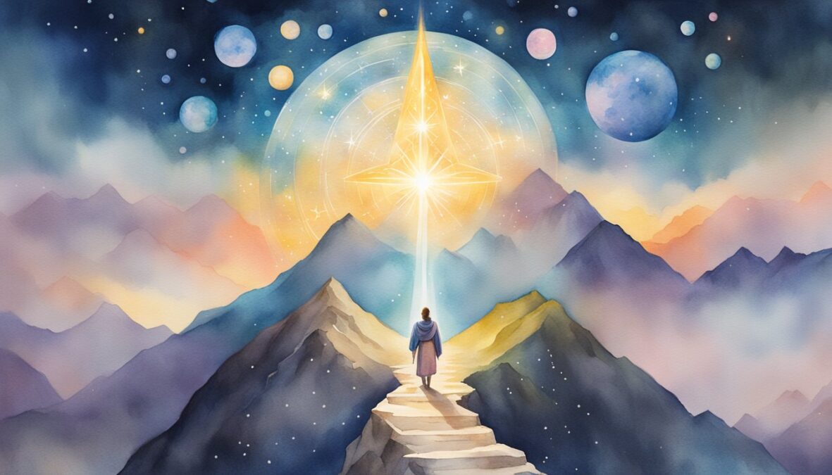 A radiant figure stands atop a mountain peak, surrounded by glowing orbs and celestial symbols, while beams of light illuminate the path ahead