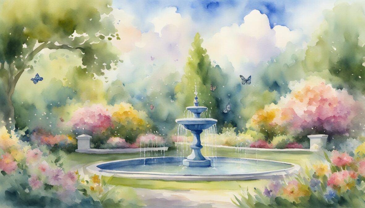 A serene garden with a fountain, surrounded by blooming flowers and butterflies, under a sky with the number 301 formed by clouds