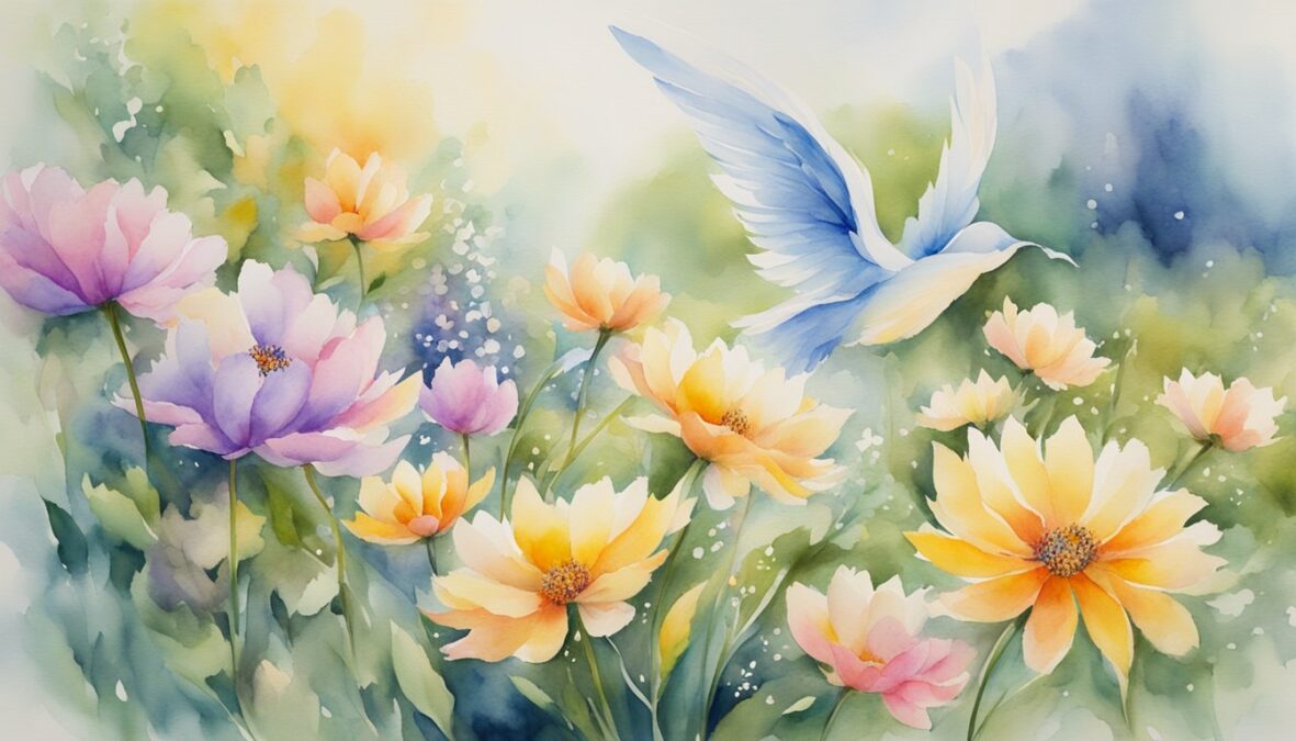 A garden blooming with vibrant flowers, a gentle breeze carrying the scent of love.</p><p>A pair of intertwined angelic wings hovers above, radiating warmth and connection