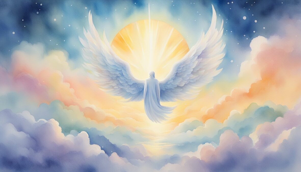 A glowing 305 angel number hovers above a serene landscape, surrounded by celestial clouds and radiant light