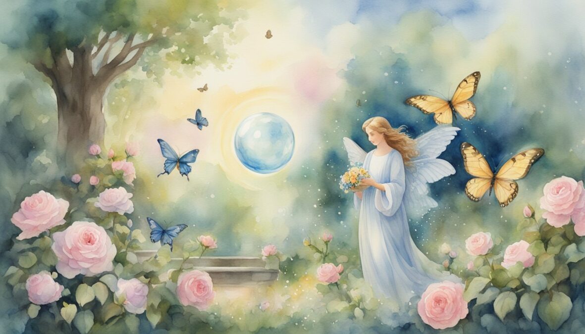 A serene garden with three blooming roses, six fluttering butterflies, and a majestic angelic figure holding a glowing orb