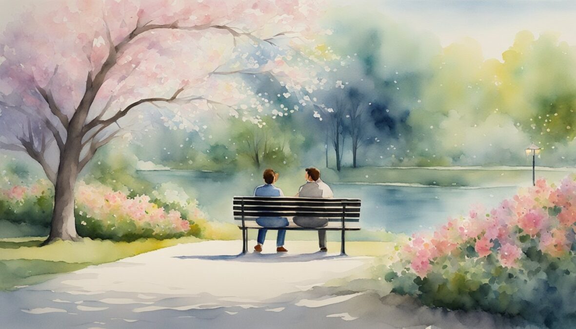 A couple sits on a park bench, surrounded by blooming flowers and a serene atmosphere.</p></noscript><p>The number 309 is subtly etched into the background, symbolizing their harmonious relationship