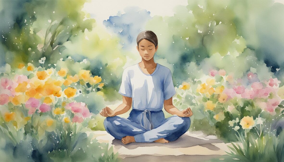 A person meditates in a peaceful garden, surrounded by blooming flowers and a gentle breeze.</p></noscript><p>The number 309 is subtly incorporated into the natural elements around them
