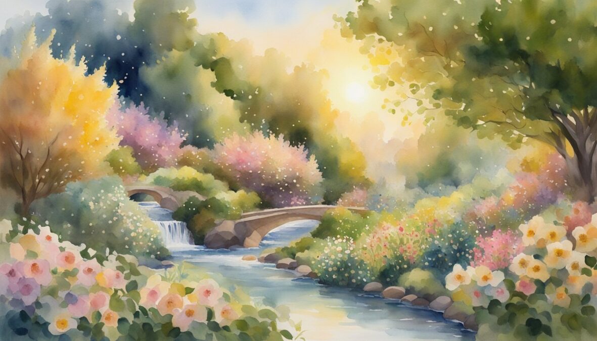 A lush garden with blooming flowers, overflowing fruit trees, and a flowing stream, bathed in golden light with the 309 angel number glowing in the sky