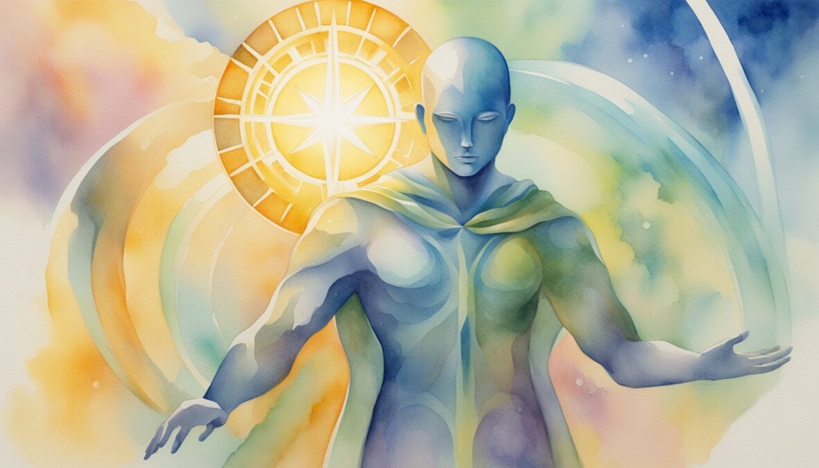 A glowing figure surrounded by three sevens, radiating light and energy.</p><p>Symbols of protection and guidance appear in the background