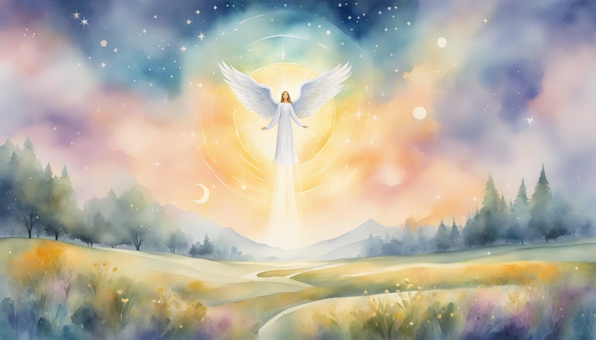 A glowing 3773 angel number hovers above a serene landscape, surrounded by celestial symbols and radiant light