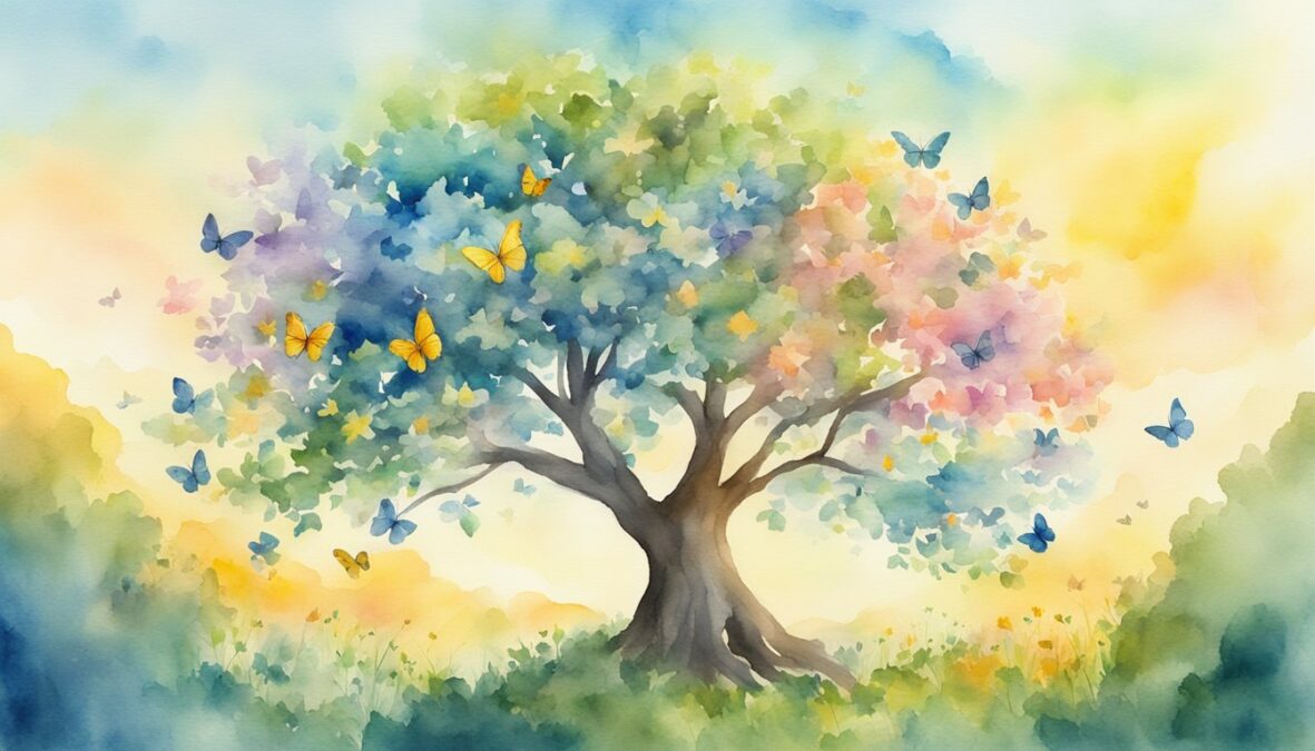 A tree with four branches on each side, surrounded by butterflies and blooming flowers, under the presence of a bright sun and a clear sky