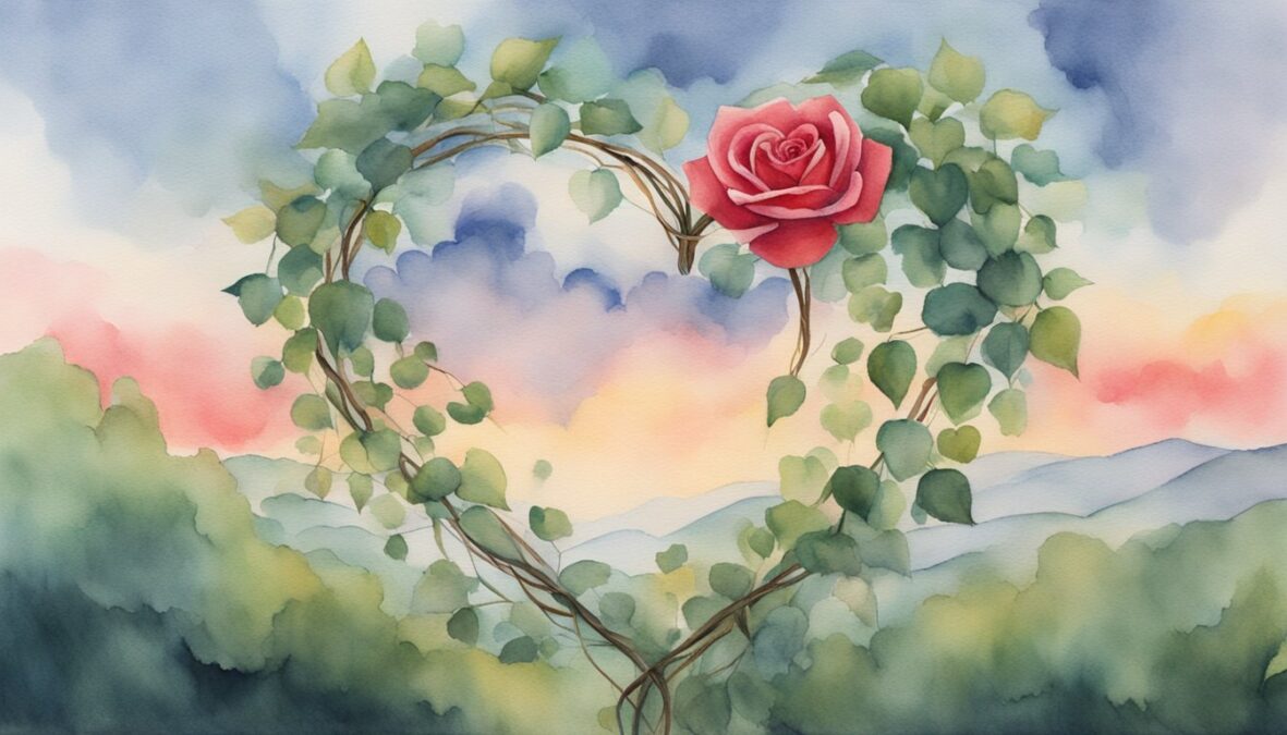 A heart-shaped cloud floats above two entwined vines, each bearing a single red rose