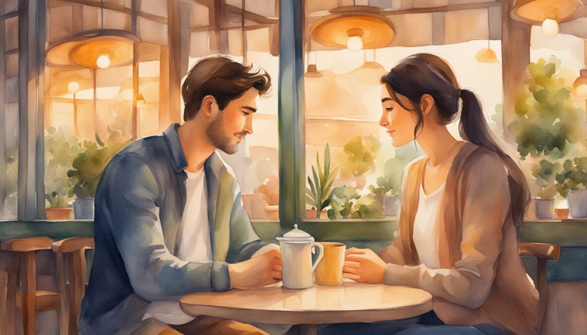 A couple sits in a cozy cafe, surrounded by warm lighting and soft music.</p></noscript><p>They share a loving gaze, their hands intertwined, as the number 408 glows subtly in the background