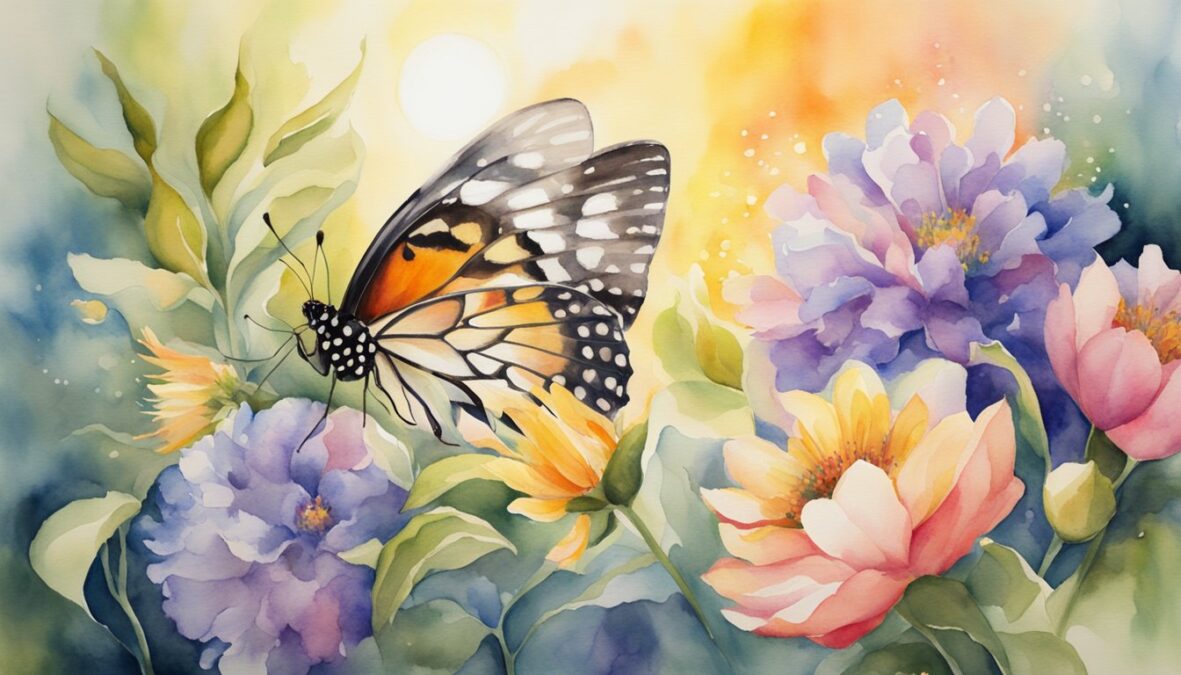 A butterfly emerges from a cocoon, surrounded by vibrant flowers and a shining sun, symbolizing transformation and growth