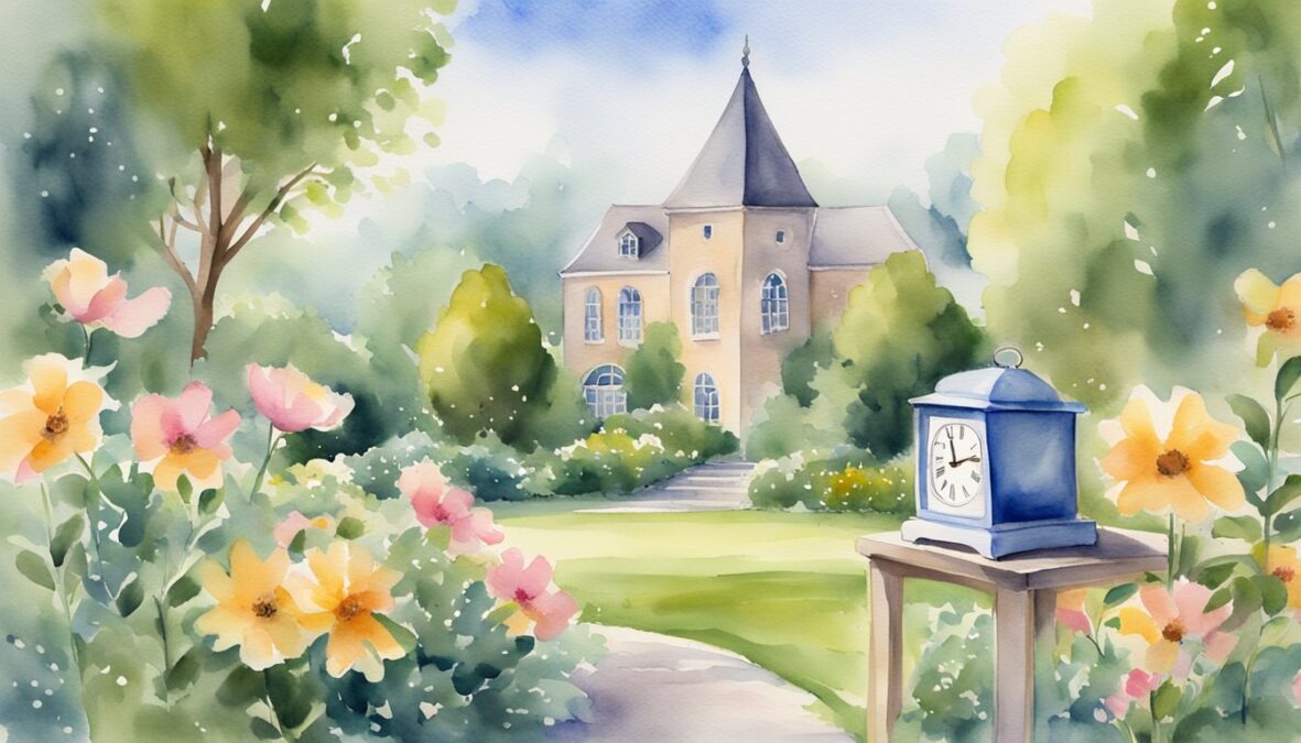 A garden with blooming flowers, a clock showing 4:41, and a book open to page 11, surrounded by a peaceful and harmonious atmosphere