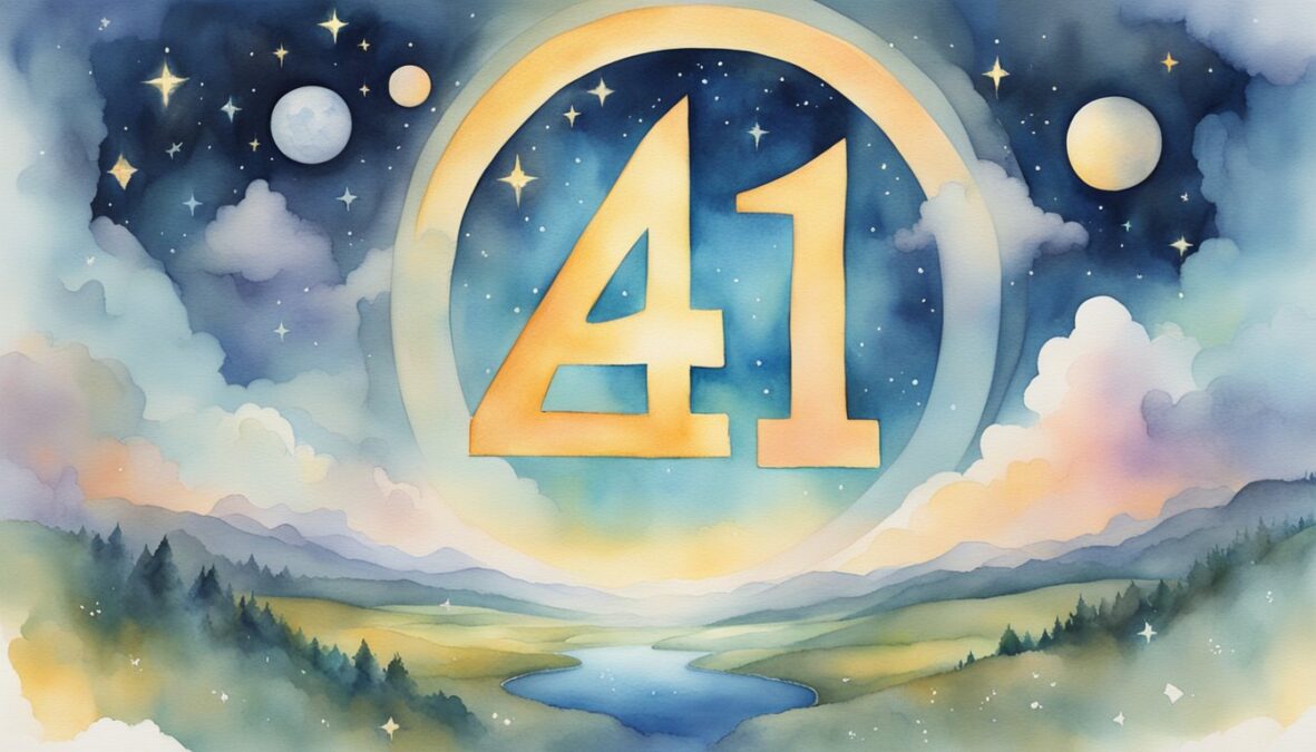 A glowing number "4411" hovers above a serene landscape, surrounded by celestial beings and symbols of guidance and protection