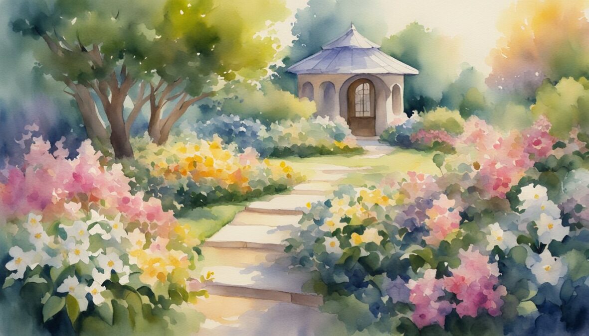 A garden blooming with vibrant flowers, a gentle breeze carrying the sweet scent of jasmine, and a warm, glowing sun casting a comforting light over the peaceful scene