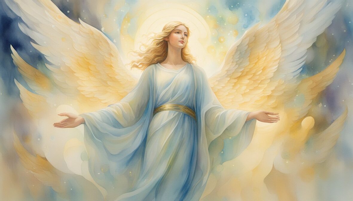 A glowing angelic figure hovers over a crowd, surrounded by swirling numbers and a sense of divine guidance