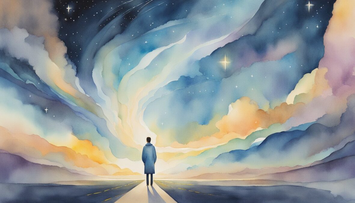 A figure stands at a crossroads, with paths leading in different directions.</p><p>Above, the number 464 glows in the sky, surrounded by angelic energy