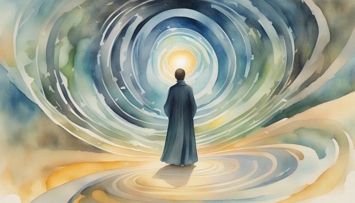 A figure stands at a crossroads, surrounded by swirling patterns and symbols.</p></noscript><p>A beam of light shines down, illuminating the number 51
