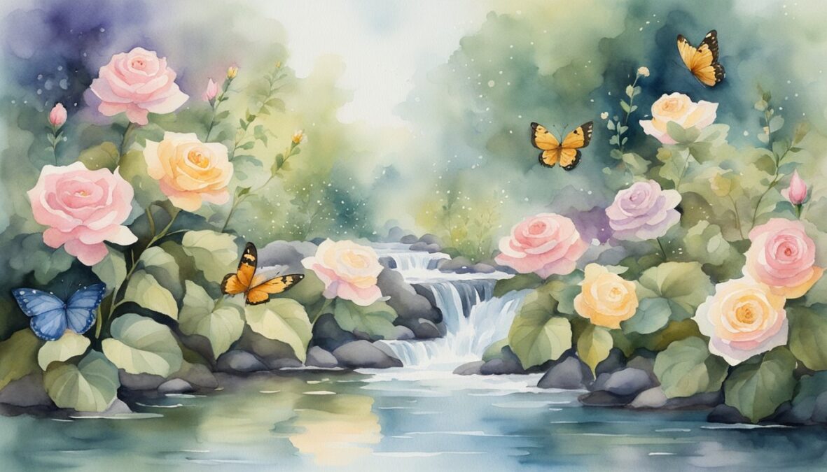 A serene garden with five blooming roses and ten fluttering butterflies, surrounded by a tranquil stream