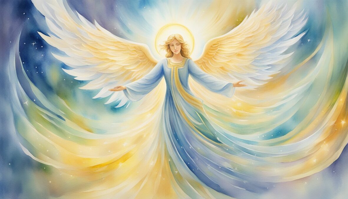 A glowing angelic figure radiates energy, surrounded by beams of light and swirling patterns, representing the power of 510 angel number