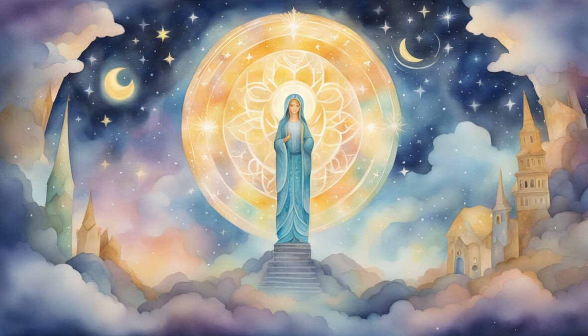 A glowing 513 appears in the night sky, surrounded by celestial symbols and angelic figures, emanating a sense of divine guidance and spiritual connection