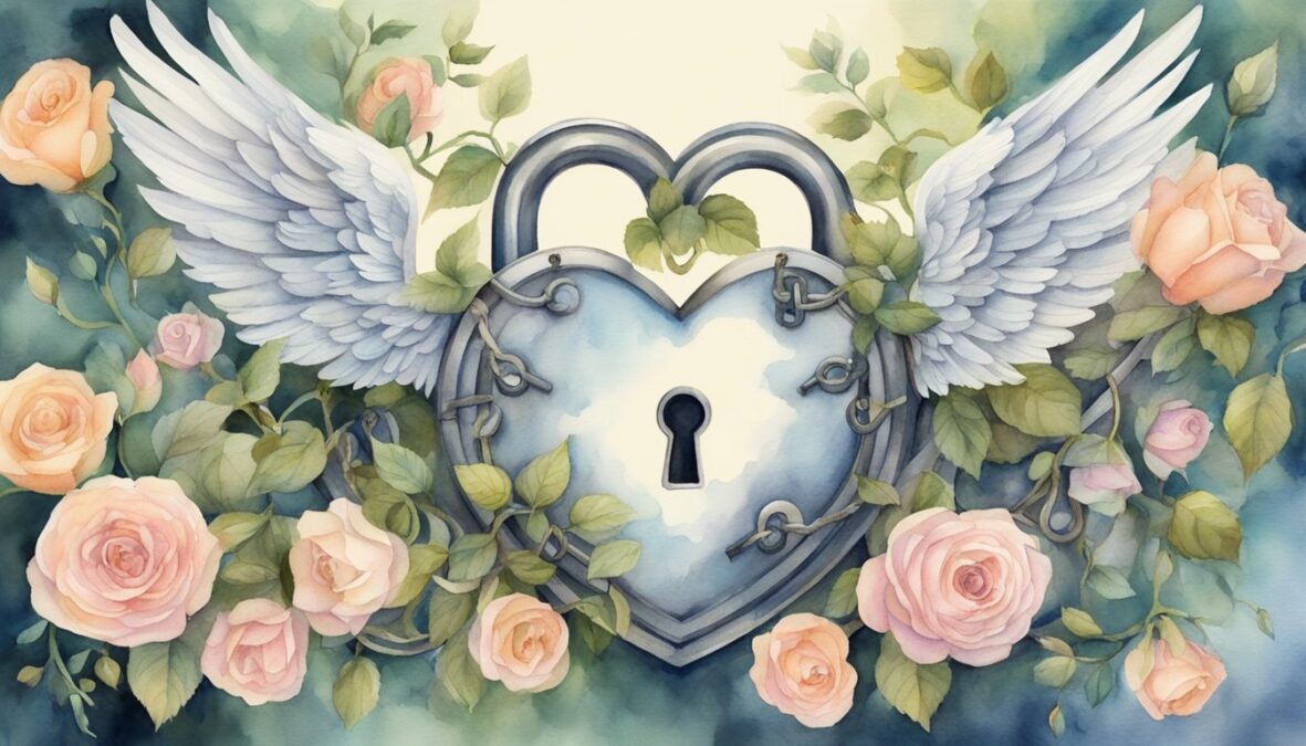 A heart-shaped lock with a key in the shape of angel wings, surrounded by blooming roses and intertwined vines
