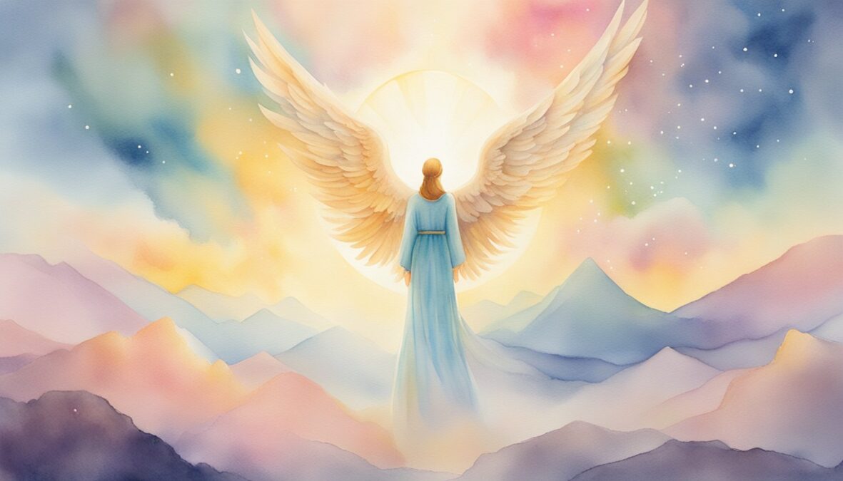 A glowing 513 angel number hovers above a serene landscape, surrounded by celestial light and gentle, uplifting energy