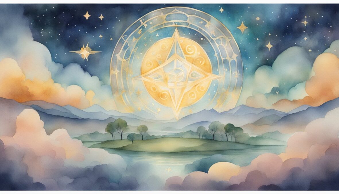 A glowing number 514 hovers above a serene landscape, surrounded by celestial beings and symbols of guidance and protection
