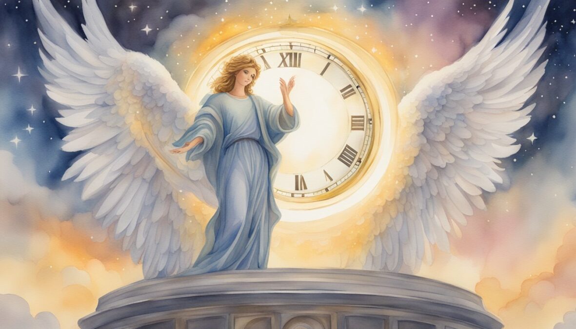 A glowing halo hovers over a clock showing 5:19, with angel wings and a celestial background