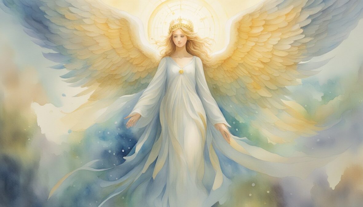 A glowing angelic figure hovers over a set of numbers, radiating a sense of guidance and wisdom