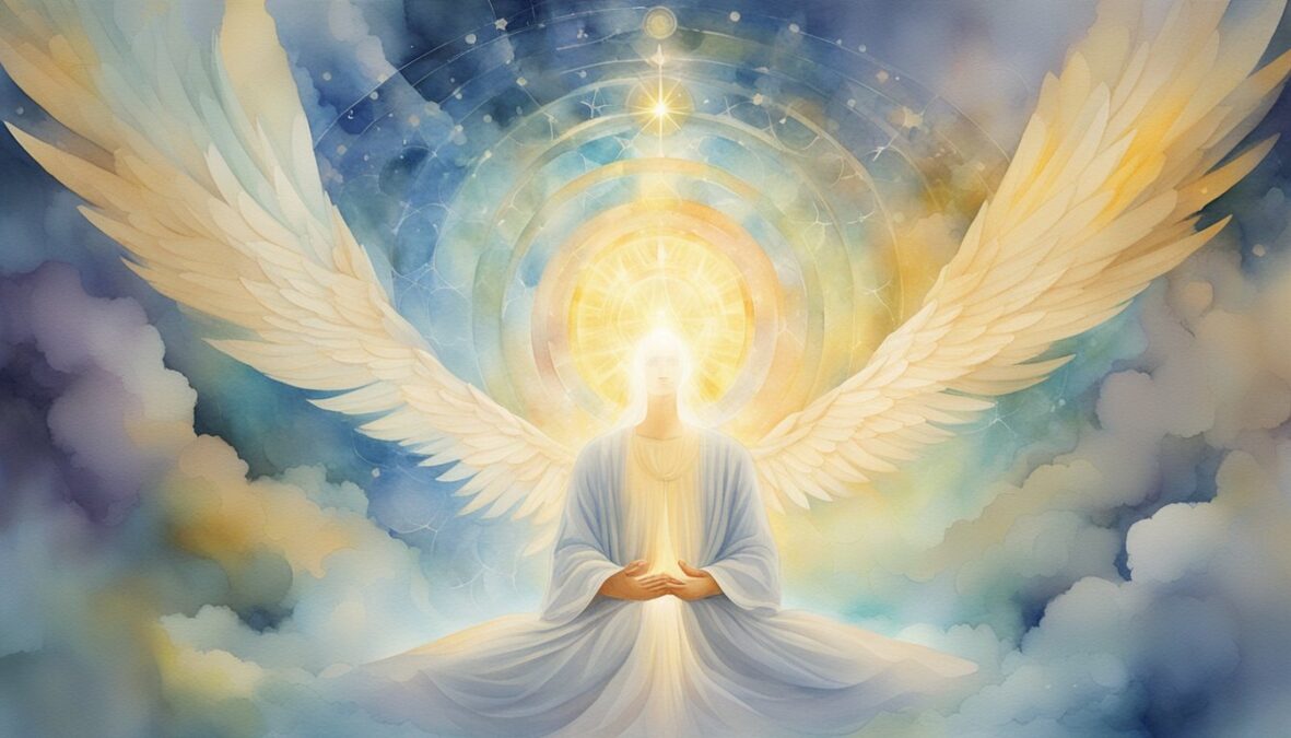 A glowing angelic figure hovers above a person meditating, surrounded by beams of light and symbols of spiritual awakening