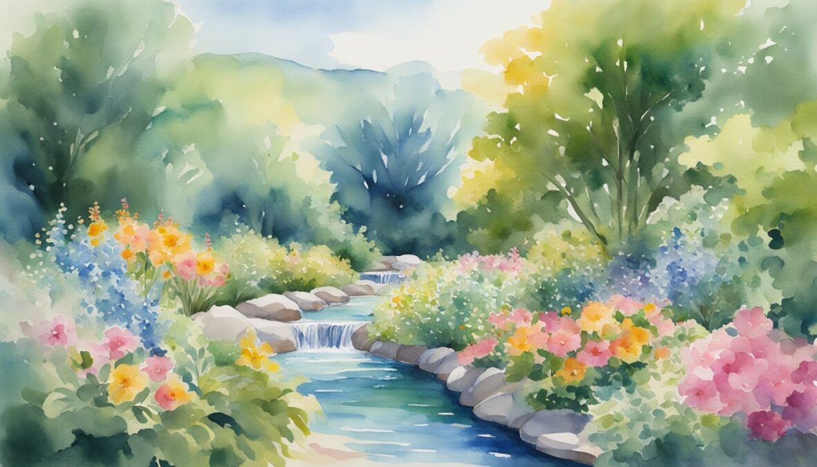 A serene garden with a flowing stream, surrounded by vibrant flowers and lush greenery, under a clear blue sky with a gentle breeze
