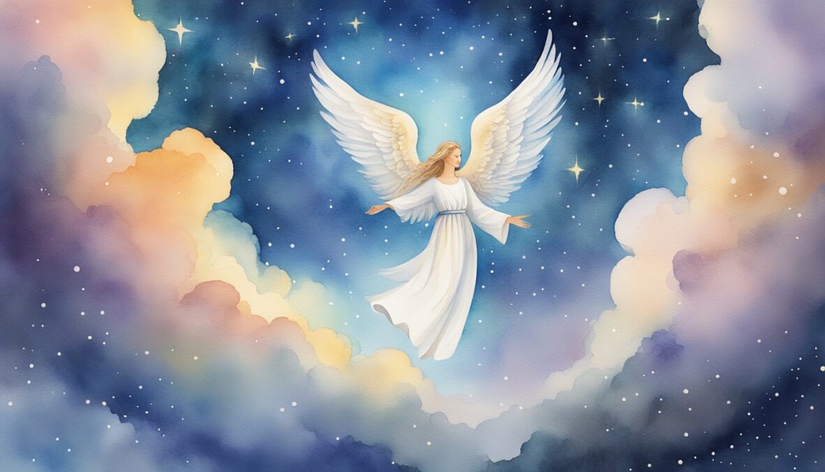 Bright, celestial 5445 angel number hovers above a serene, starry sky, radiating a sense of guidance and protection