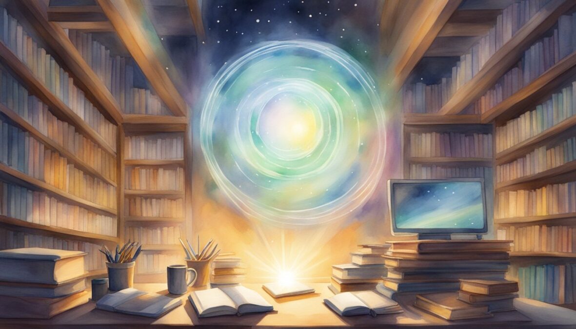 A glowing halo hovers over a set of tools, books, and a computer, surrounded by beams of light
