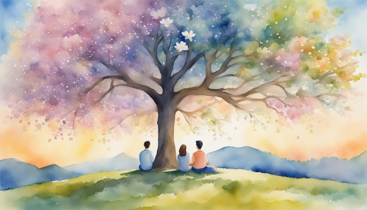 A couple sits under a tree, surrounded by blooming flowers.</p></noscript><p>The number 5588 appears in the sky, radiating love and harmony over them