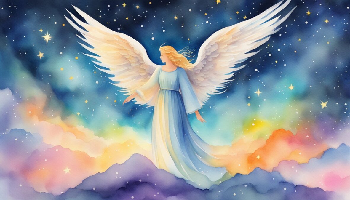 A glowing 565 angel number hovers above a serene, starry sky, surrounded by shimmering energy and vibrant colors
