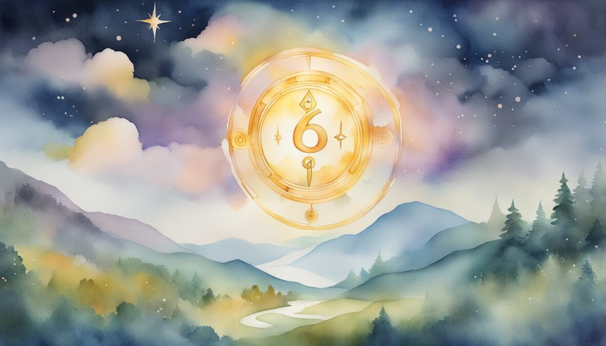 A glowing number 608 hovers above a serene landscape, surrounded by symbols of guidance and protection