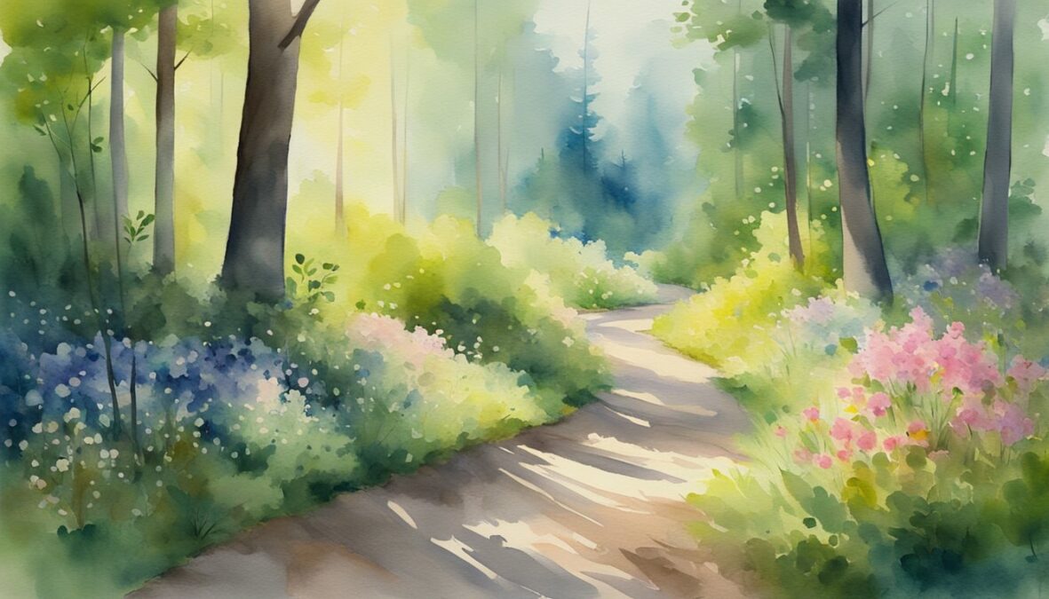 A serene forest clearing with a beam of sunlight illuminating a path, surrounded by blooming flowers and vibrant greenery