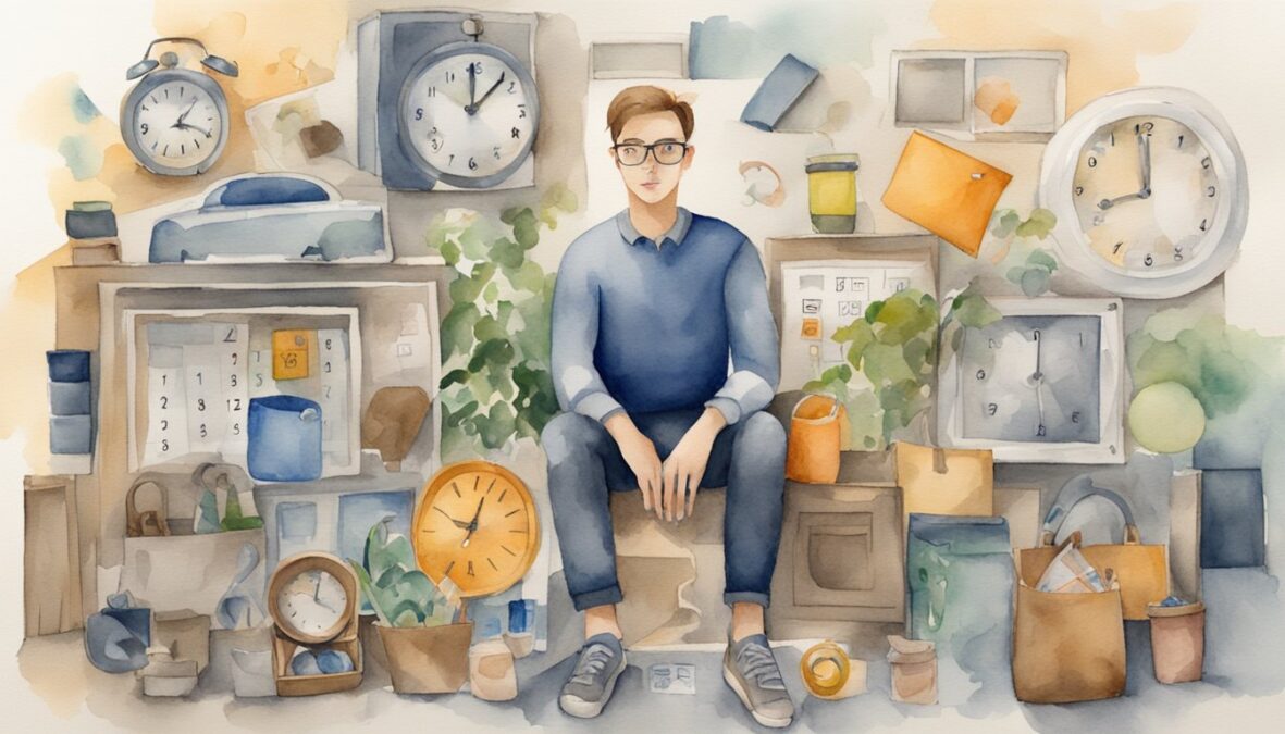 A person surrounded by everyday objects, with the number 615 subtly integrated into their surroundings - on a clock, a calendar, a street sign, etc