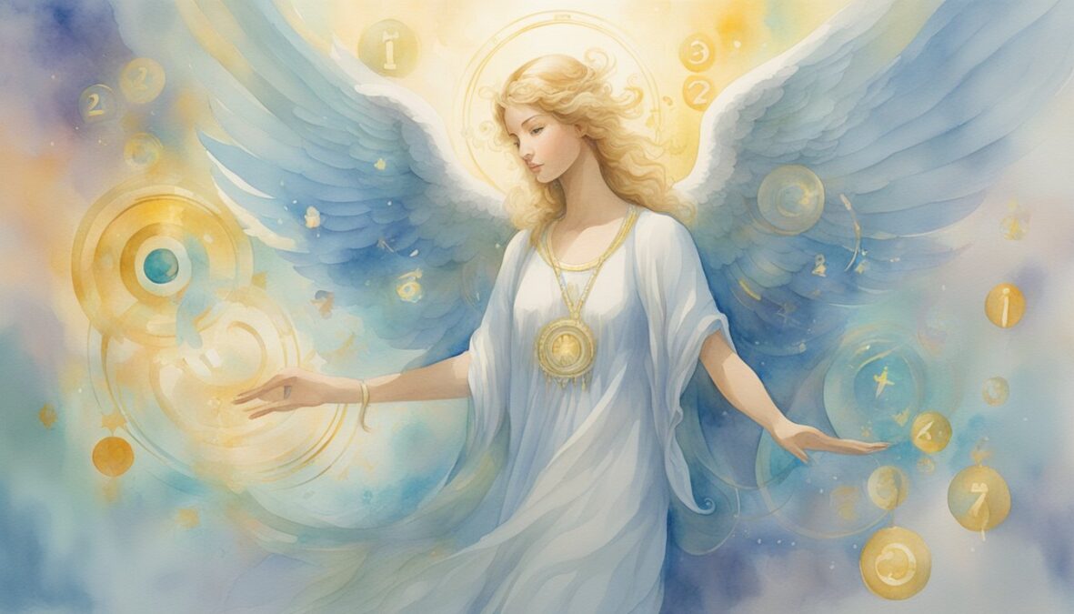 A glowing angelic figure surrounded by floating numbers and symbols