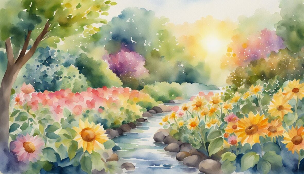 A radiant sun shines over a lush garden, filled with blooming flowers and ripe fruits.</p><p>A stream flows through, reflecting the number 623