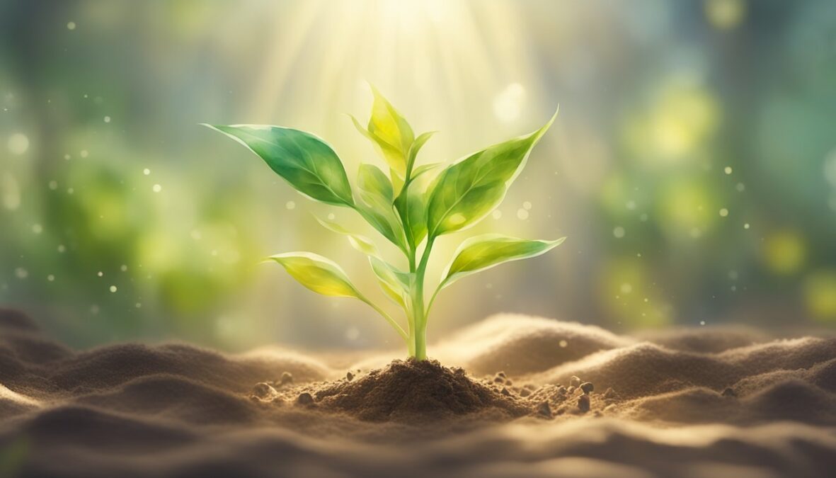 A seedling sprouting from the ground, surrounded by rays of light and the numbers 628 floating above it