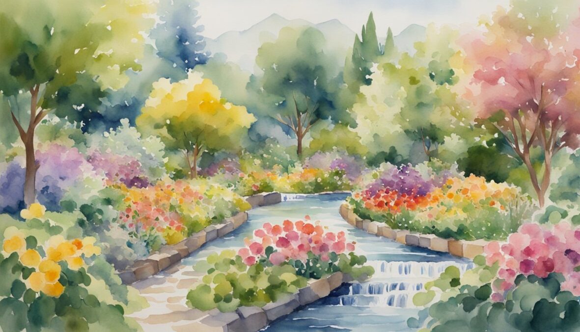 A garden bursting with vibrant flowers, fruit trees heavy with ripe produce, and a flowing stream surrounded by lush greenery