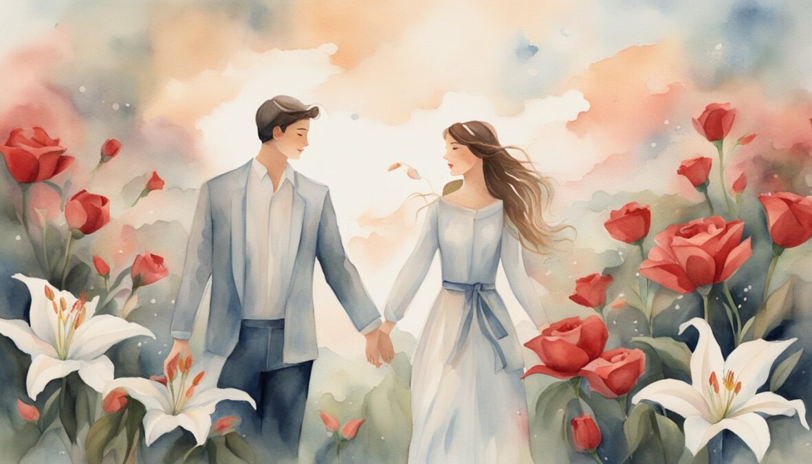 A couple holds hands, surrounded by six red roses and four white lilies, with the number 643 written in the sky with clouds