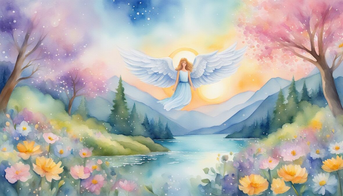 A glowing 645 angel number hovers above a serene landscape, surrounded by vibrant flowers and sparkling water, radiating a sense of peace and fulfillment