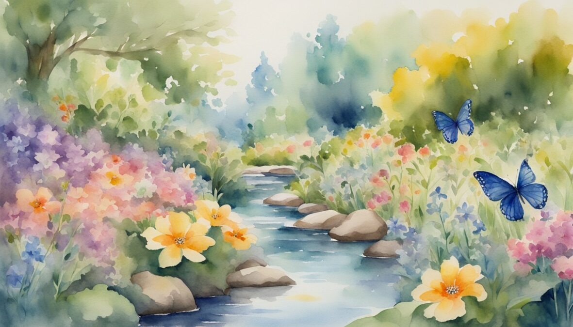A serene garden with 657 flowers of various colors and sizes, surrounded by gentle butterflies and a calm, flowing stream