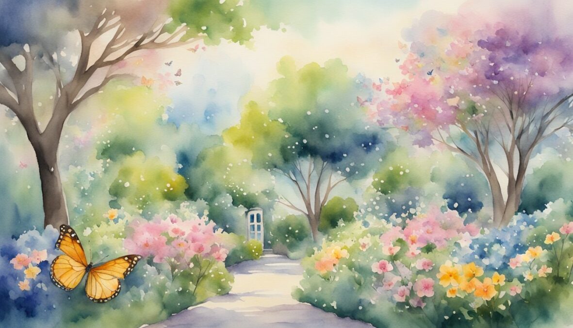 A serene garden with two trees intertwined, surrounded by blooming flowers and butterflies.</p></noscript><p>A gentle breeze carries the scent of peace and harmony