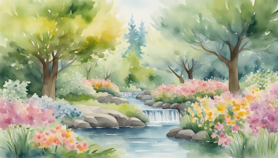 A serene garden with blooming flowers and a flowing stream, surrounded by six trees on one side and eight trees on the other, symbolizing the influence of angel number 686
