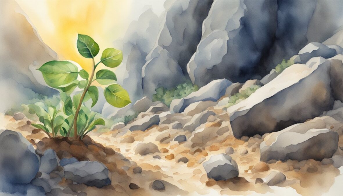 A seedling pushing through rocky soil towards the sunlight, surrounded by obstacles but persevering and growing
